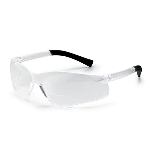 Magspec Bifocal Safety Glasses, Clear: 2.0, shown in a close-up view, featuring lightweight, medium impact-rated design with anti-scratch and anti-fog lenses, ideal for eye protection in outdoor work environments.