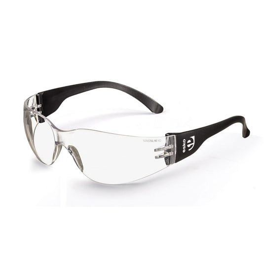 Esko Magnum Safety Glasses: Clear, featuring a sleek, wrap-around design with anti-scratch, anti-fog UV385 lenses, providing medium impact protection and comfort for prolonged use, ideal for workplace safety.