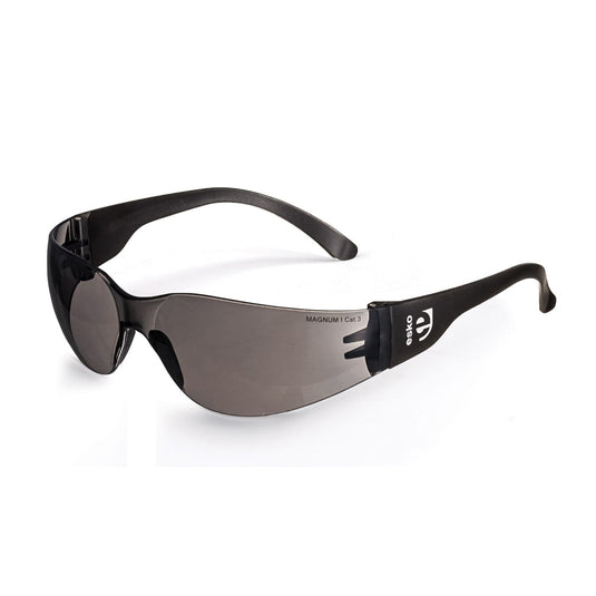 Esko Magnum Safety Glasses: Smoke - Featuring a sleek black wrap-around design with a visible logo, these sunglasses offer medium impact protection and anti-fog lenses, ideal for safety environments.