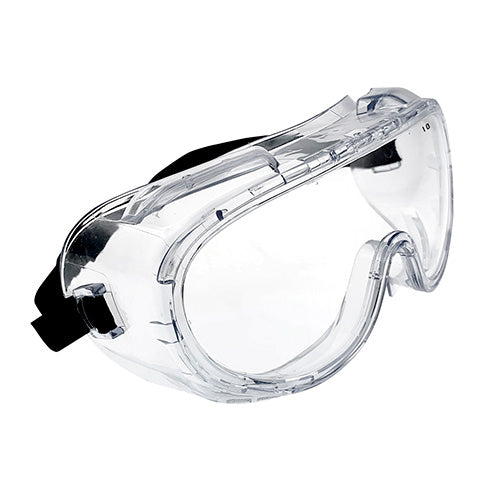 Esko Econogoggle Safety Goggles with a clear anti-fog lens and black strap, featuring wraparound side-shields and indirect venting. Designed to fit over prescription glasses, ideal for workplace safety.