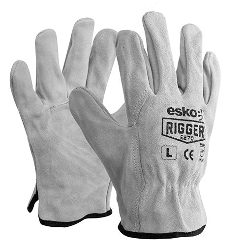 Esko Rigger Split Leather Gloves, showcasing durable split back suede cowhide design, ideal for rigging and engineering tasks. Close-up reveals precise stitching and robust construction, embodying Active Safety's commitment to quality safety gear.