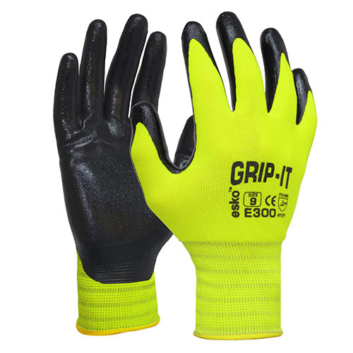 Esko Grip-It Hi Vis Nitrile Glove features a black and yellow design with a nitrile-coated palm, providing abrasion resistance and touchscreen sensitivity for handling in both wet and dry conditions.