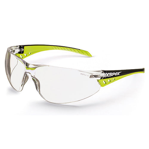 XSpex Safety Glasses: Clear, featuring a stylish wrap-around design with TPR side arm grip-pads, providing optimal eye protection and comfort. Certified to AS/NZS1337.1:2010 standards with anti-fog, anti-scratch coating.