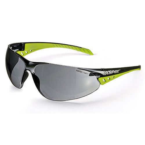 XSpex Safety Glasses: Smoke, featuring a sleek wrap-around design with TPR side arm grip-pads and soft tips for comfort, offering superior UV protection and anti-fog/anti-scratch coating. Ideal for safety-focused environments.