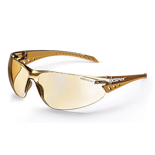 XSpex Safety Glasses: Bronze Mirror featuring a stylish wrap-around design with TPR side arm grip-pads and soft tips, ensuring a comfortable, non-slip fit, ideal for optimal eye protection and comfort.