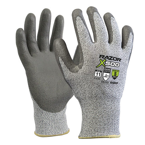 Esko Razor X500 Cut 5 PU Dip Glove, showcasing a close-up of the glove's texture and PU palm coating, designed for superior grip and cut protection, ideal for workplace safety.