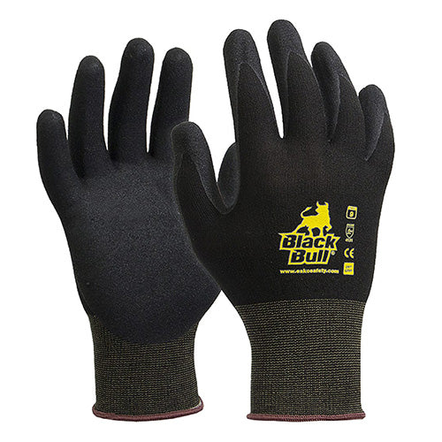 Esko Black Bull Nitrile Glove, featuring a seamless, ergonomic design with a multi-coated foam nitrile finish. Provides excellent grip and dexterity, ideal for safety and comfort in various work environments.
