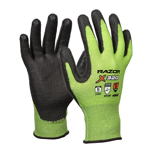 Esko Razor X320 Hi Vis Green Cut 3 Glove featuring a close-up of its high-performance UHMWPE liner and silicone-free PU foam coating designed for safety and comfort, ideal for workplace protection.