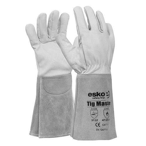 Esko Tig Master II Welders Glove, featuring Kevlar stitching and a soft split leather cuff, designed for enhanced dexterity and comfort. Ideal for safety-focused environments, showcasing 39cm length and robust construction.