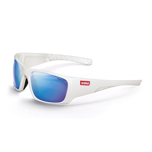 Load image into Gallery viewer, Esko Hawaii Polarised Safety Glasses featuring a sleek white frame with blue lenses, designed for optimal eye protection and comfort. These glasses offer anti-glare, anti-fog, and anti-scratch coatings, ideal for safety-conscious users.