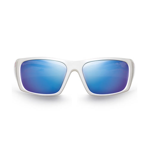 Esko Hawaii Polarised Safety Glasses featuring white frames and blue mirrored lenses, designed for optimal eye protection with anti-glare and anti-fog technology, ideal for active safety and workplace environments.
