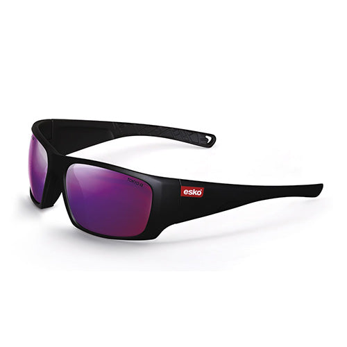 Esko Tokyo Polarised Safety Glasses featuring black frames and purple lenses, designed for secure fit and glare reduction, ideal for comprehensive eye protection in workplace settings.