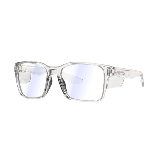 Esko Piha Safety Specs Surf Series: Clear Lens/Frame show transparent, wrap-around safety glasses with rectangular lenses, side shields, and etched brand name, designed for clarity, UV protection, and ergonomic comfort in active environments.