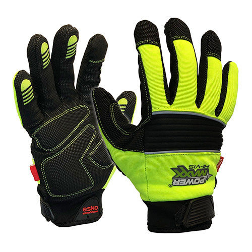 Powermaxx Hi Vis Mechanics Glove featuring touchscreen sensitivity, grip pads, reflective beading, durable stitching, gel palm pads, non-slip grip, protective knuckle bar, pull-on tab, and Velcro wrist strap. Ideal for safety-focused tasks.