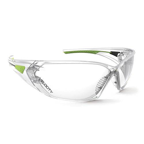 Velocity Safety Glasses: Clear, featuring anatomically shaped wrap-around lenses, rubber nose pad, and co-injected temple pads, providing superior comfort and high-impact protection with 99.9% UV coverage and anti-fog coating.