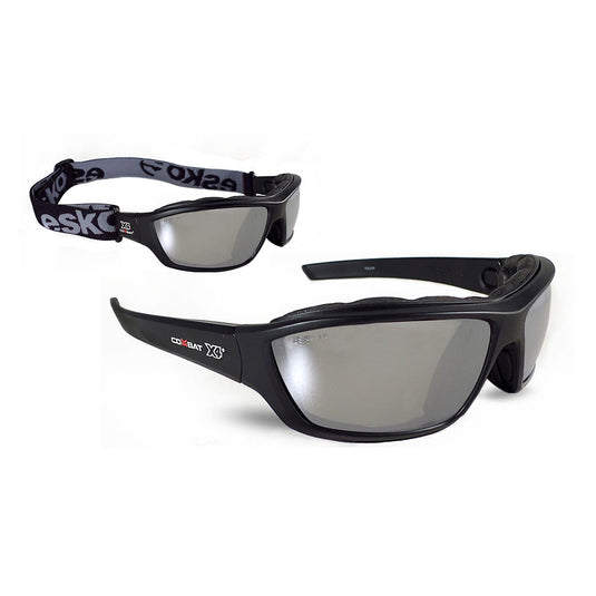 Esko Combat X4 Safety Glasses: Silver Mirror, featuring wrap-around tinted lenses, rigid temples, and an adjustable elastic strap. Designed with a foam seal for dust protection, meeting military ballistic standards, ideal for safety environments.