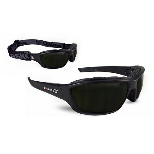 Esko Combat X4 Foam Bound Spec: Shade 5 safety eyewear with a sleek design, featuring a foam seal for dust protection and anti-fog, anti-scratch lenses, suitable for military-grade eye protection.
