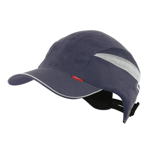 Esko Long Peak Bump Cap featuring a blue design with a white stripe, includes a red tag. Offers ergonomic protective shell, adjustable fit, and reflective elements for enhanced safety, ideal for workplace environments.