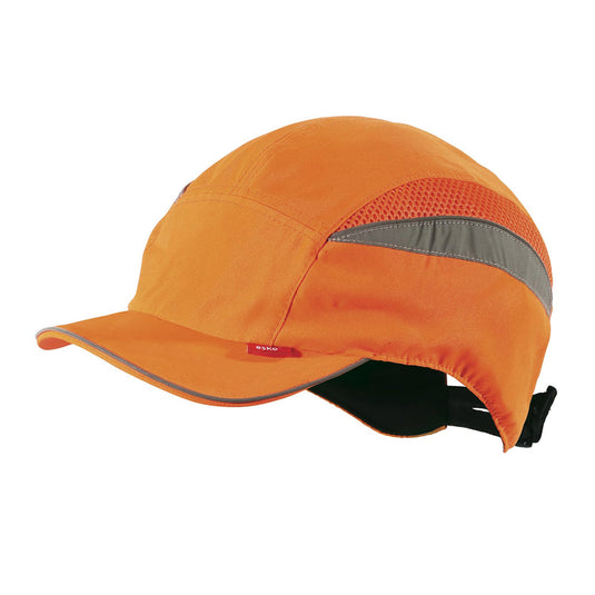 Esko Long Peak Bump Cap with grey stripe, featuring mesh sides and a black, adjustable strap. Offers ergonomic protection with ventilated cushioning and retro-reflective tape for enhanced night visibility.