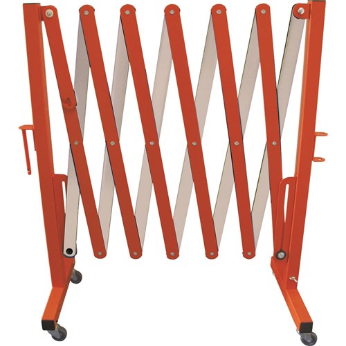 Expandable Barrier, Red/White, featuring all-steel construction with a powder-coated finish, shown in its folded state. Includes four castor wheels for mobility. Ideal for workplace safety and crowd control.