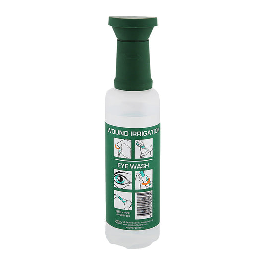 Platinum Eyewash Bottle 500ml, a sterile solution in a close-up shot, ideal for eyewash stations. Essential for workplace safety, aligning with Active Safety's commitment to top-quality PPE gear.
