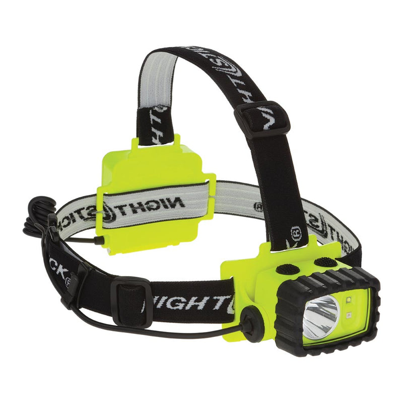 Load image into Gallery viewer, NightStick Intrinsically Safe Dual-Light Headlamp with adjustable elastic strap, high-vis yellow housing, back battery module, and dual switches for varied lighting modes, ideal for hazardous environments and safety applications.
