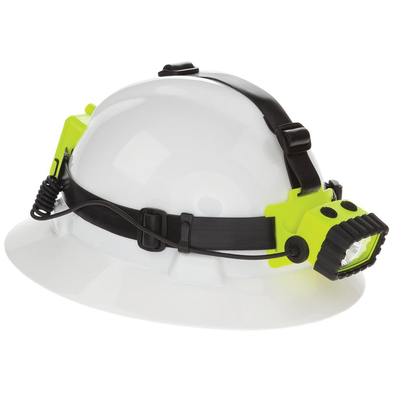 Load image into Gallery viewer, NightStick Intrinsically Safe Dual-Light Headlamp mounted on a white safety hard hat, featuring a black strap for secure attachment. The high-visibility LED headlamp offers versatile lighting modes for hazardous environments.
