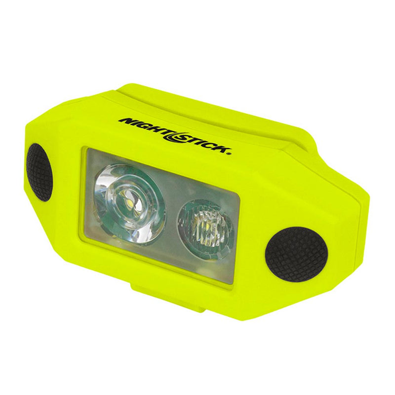 Load image into Gallery viewer, NightStick Dual-Light Headlamp with Hard Hat Clip, features a bright yellow case, dual LED emitters, and textured black grips, designed for industrial and safety applications with hands-free operation.