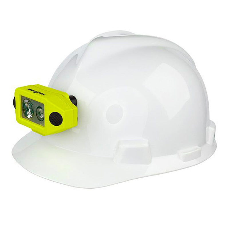 Load image into Gallery viewer, NightStick Dual-Light Headlamp With Hard Hat Clip: White safety helmet equipped with an adjustable LED headlamp, featuring spotlight, floodlight, and dual illumination for versatile, intrinsically safe lighting in workplace settings.