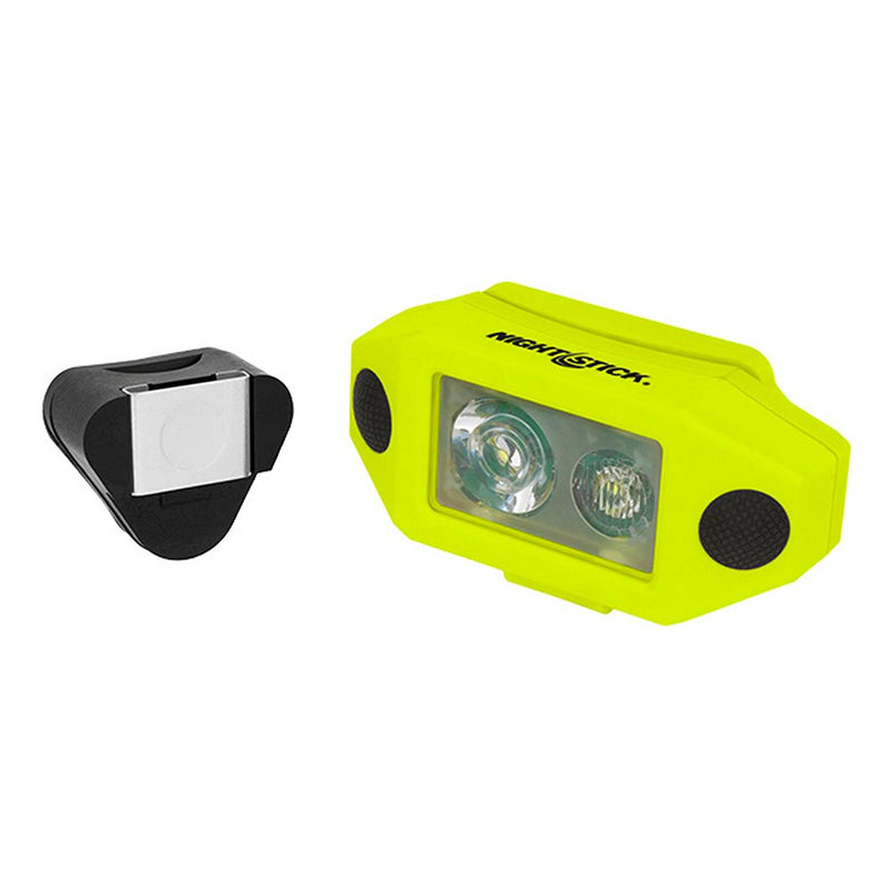 Load image into Gallery viewer, NightStick Dual-Light Headlamp With Hard Hat Clip shown with fluorescent yellow LED module and black mounting clip, designed for safety helmets. Features dual switches for spotlight, floodlight, and Dual-Light™ illumination.