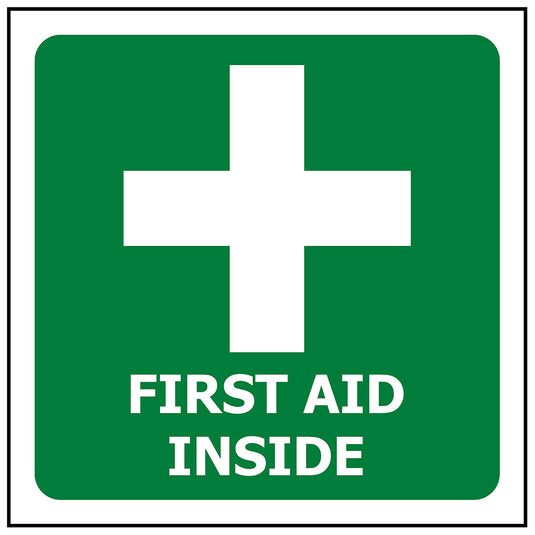 First Aid Inside Self Adhesive 100 x 100 sticker featuring a green sign with a white cross, ideal for workplace safety, aligning with Active Safety's extensive range of safety products and supplies.