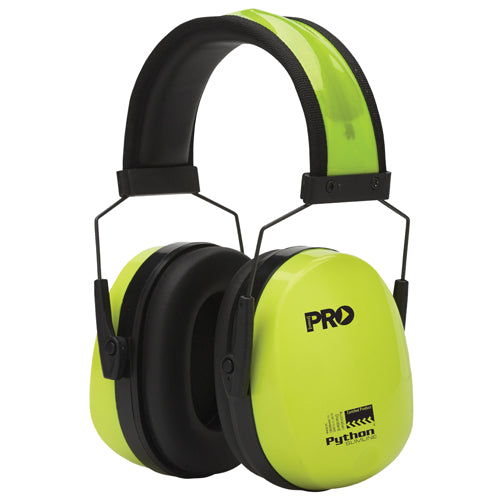 Pro Python Hi Vis Earmuff Class 5, showcasing a contemporary low profile design with padded foam headband and robust wire construction, ideal for high noise environments and maximum comfort.
