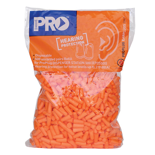 ProBullet Refill Bag for Dispenser Pack/500, featuring 500 uncorded PU foam earplugs for noise protection up to 110 dB(A), ideal for workplace safety and compliant with AS/NZS standards.