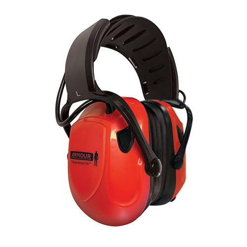 Load image into Gallery viewer, Armour Electronic Bluetooth Earmuff Class 5 with black straps and a compact design, ideal for noisy worksites, offers Bluetooth connectivity and over 8 hours of battery life for safety and convenience.