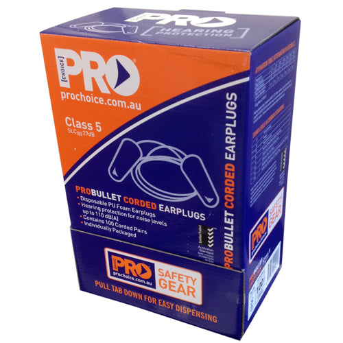 ProBullet Corded Earplugs Class 5 Box/100, featuring a blue and orange package with white text, designed for noise protection up to 110dB(A), each pair individually packed in poly bags.