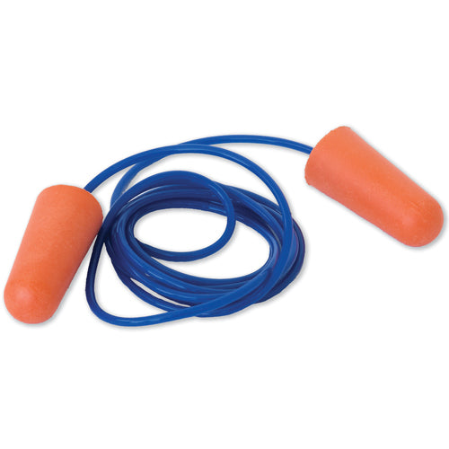 ProBullet Corded Earplugs Class 5 Box/100, showcasing blue earplugs with a connecting cord, designed for high-level noise protection up to 110dB(A). Ideal for workplace safety, packaged individually for convenience.
