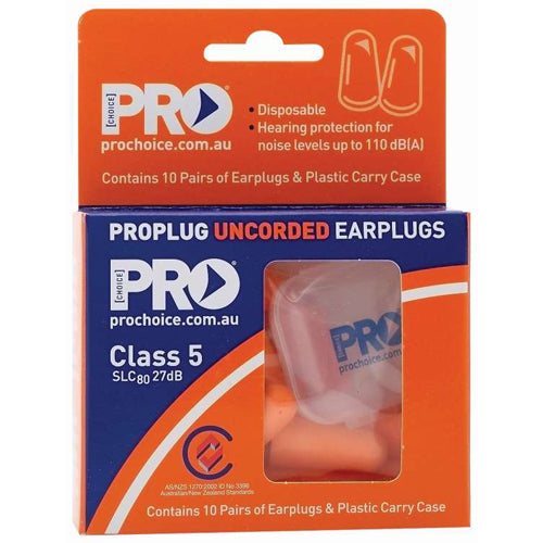 ProBullet Uncorded Earplugs Class 5 Pack/10, featuring ten individually packaged pairs in a resealable plastic case. Ideal for noise protection up to 110dB(A), aligning with Active Safety's commitment to quality PPE gear.