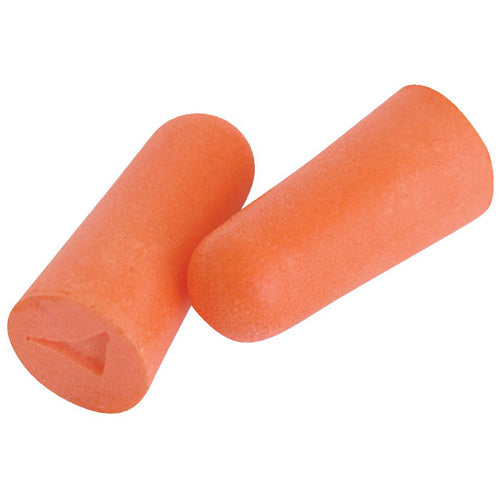 ProBullet Uncorded Earplugs Class 5 Box/200: Close-up of orange PU foam earplugs, designed for hearing protection up to 110 dB(A), suitable for workplace safety, with individual packaging in poly bags.