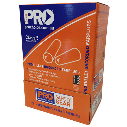 ProBullet Uncorded Earplugs Class 5 Box/200, featuring disposable PU foam plugs for hearing protection up to 110 dB(A). Each pair is individually bagged, with 200 pairs in a labeled carton.