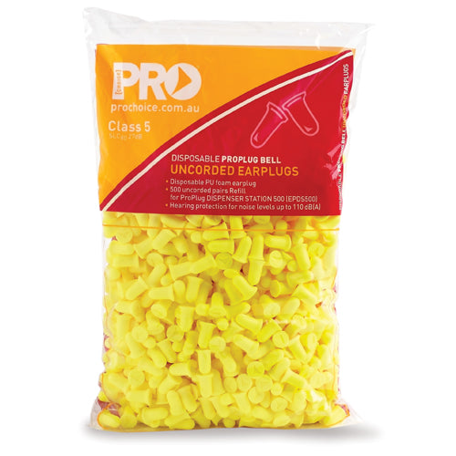 ProBell Disposable Non-Corded Earplugs: Refill/500, packaged for industrial use. The yellow earplugs are designed for comfort and effective hearing protection, ideal for environments with noise levels up to 110dB(A).