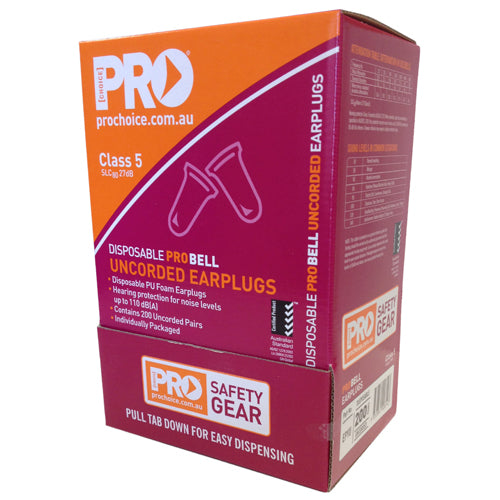 ProBell Uncorded Earplugs Class 5 Box/200, featuring a visible logo, packaged in a labeled box, designed for noise protection up to 110dB(A) with individual poly bags for safety and convenience.
