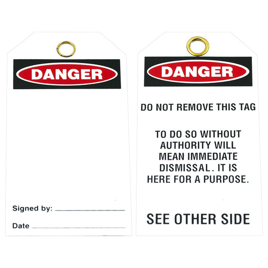 Close-up of a Blank Lockout Tag, made from durable PVC, measuring 80 x 145mm. The tag is sold individually, ideal for safety applications in workplace environments.