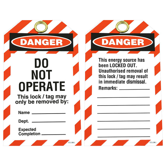 Close-up of a Danger Do Not Operate Lockout Tag featuring bold text and a clear label, designed for safety purposes. Made from PVC, measuring 80 x 145mm, suitable for workplace safety protocols.