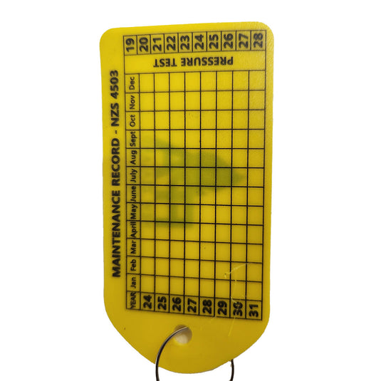 Fire Extinguisher Maintenance Tag (Incl Split ring & Tie) features a stamped grid for monthly pressure tests, ideal for tracking annual fire extinguisher inspections. Includes metal split-ring for easy attachment.