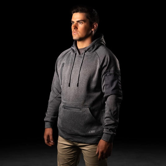 BAD Waterproof Rain-Defend Pullover Fleece Hoodie with adjustable hood, elasticated wrists and waist, front pouch with waterproof zip pocket, right chest pocket, and utility pockets on the left sleeve. Ideal for safety and outdoor use.
