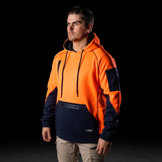 BAD Waterproof Rain-Defend Pullover Fleece Hoodie with a front pouch, waterproof phone pocket, chest and sleeve utility pockets, adjustable lined hood, and elasticated wrists and waist for warmth.