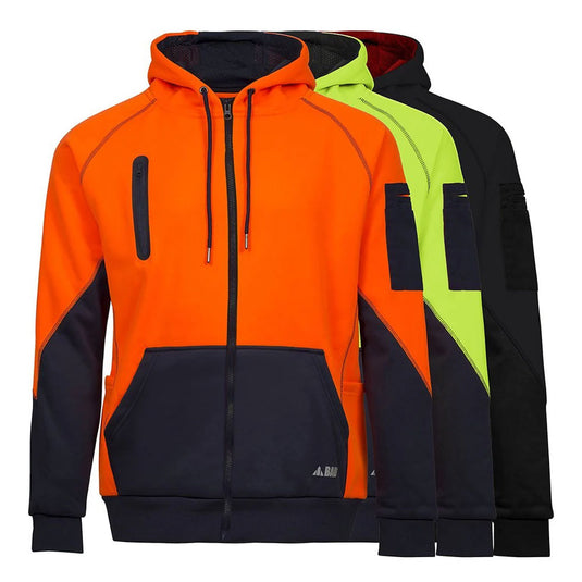 BAD Waterproof Rain-Defend Hi-Vis Full-Zip Fleece Hoodie featuring a full-zip opening, lined adjustable hood, right chest pocket, and utility sleeve pockets, designed for warmth and protection. Ideal for safety and workwear needs.