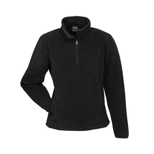 Biz Ladies Trinity 1/2 Zip Pullover features a modern fit with a high zip collar, concealed pockets, and binding trim on collar and cuffs, ideal for versatile work environments.