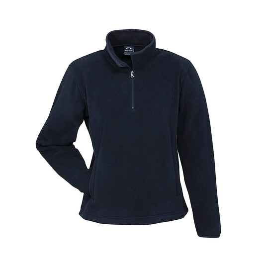 Biz Ladies Trinity 1/2 Zip Pullover features a modern fit with a high zip collar and concealed pockets, crafted from lightweight, low-pill micro fleece, ideal for various work environments.