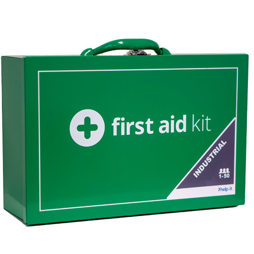 Load image into Gallery viewer, Industrial 1-50 Person First Aid Kit (Metal Box), featuring a green metal box with a white cross logo. Ideal for workplaces up to 50 people, aligning with Active Safety's focus on workplace safety products.